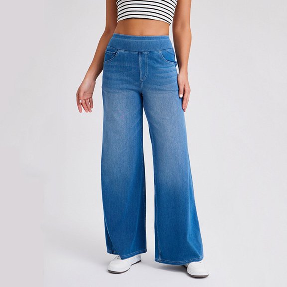 Women Pull on Stretch Denim Jeans Casual Straight Leg Pants with Elastic Waist and Pockets for Everyday Wear