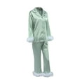 thumbnail image 3 of Caoirhny Women's Sleepwear, Feather Decoration Long Sleeve Button-Down Lapel Collar Tops + Pants Pajamas Set, 3 of 9