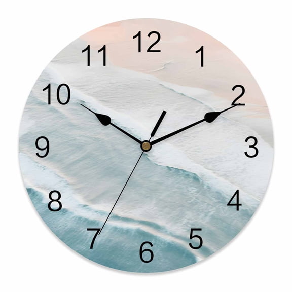 Small Wall Clock 10 Inch Teal Coastal Beach Round Silent Decorative Wall Clocks Battery Operated for Living Room Bedroom Kitchen Classroom Decor, Sea Water Ocean Waves