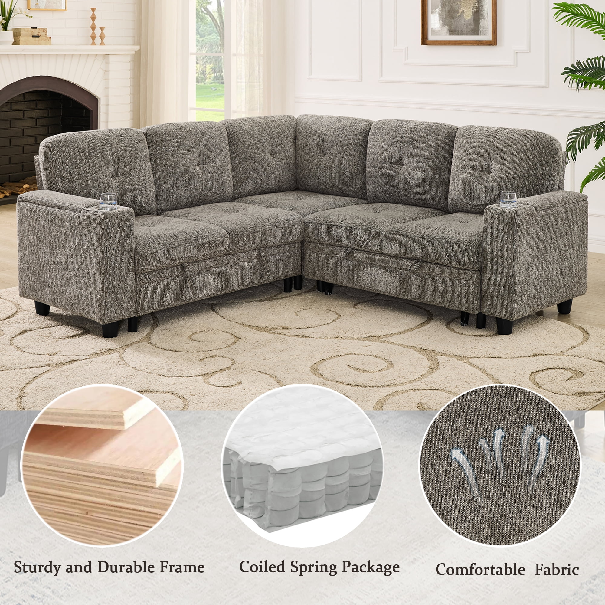 Gewnee L-Shaped Sectional Sofa,Modern Chenille Modular Sofa with Storage Function,USB‑C Charging Ports & Cup Holders,Pull Out Couch for Living Room,Grey