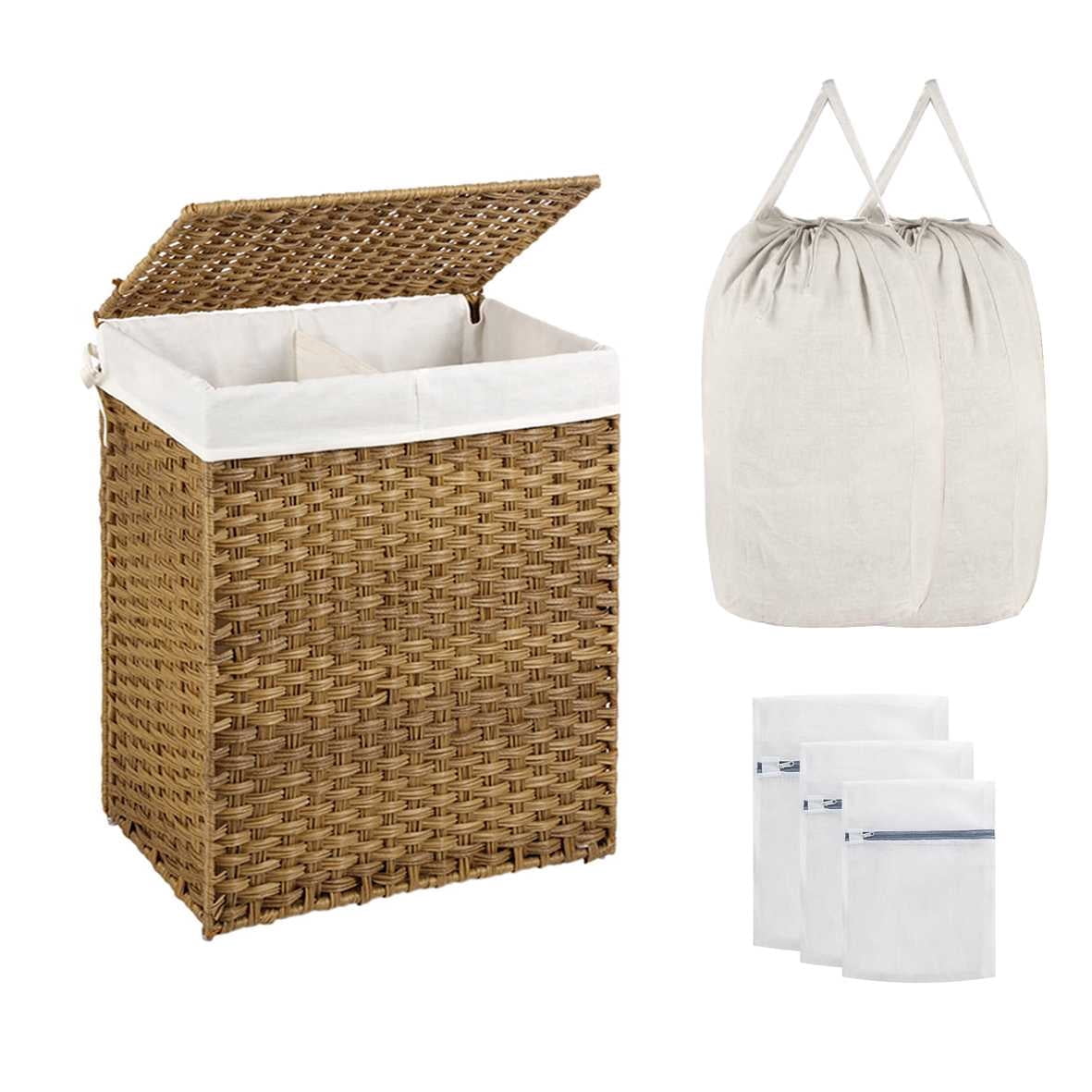 Double-Section Laundry Hamper with Lid & 6 Mesh Bags – 110L Capacity, Removable Washable Liners, Sturdy Steel Frame & Rattan for Bathroom，Home – Natural