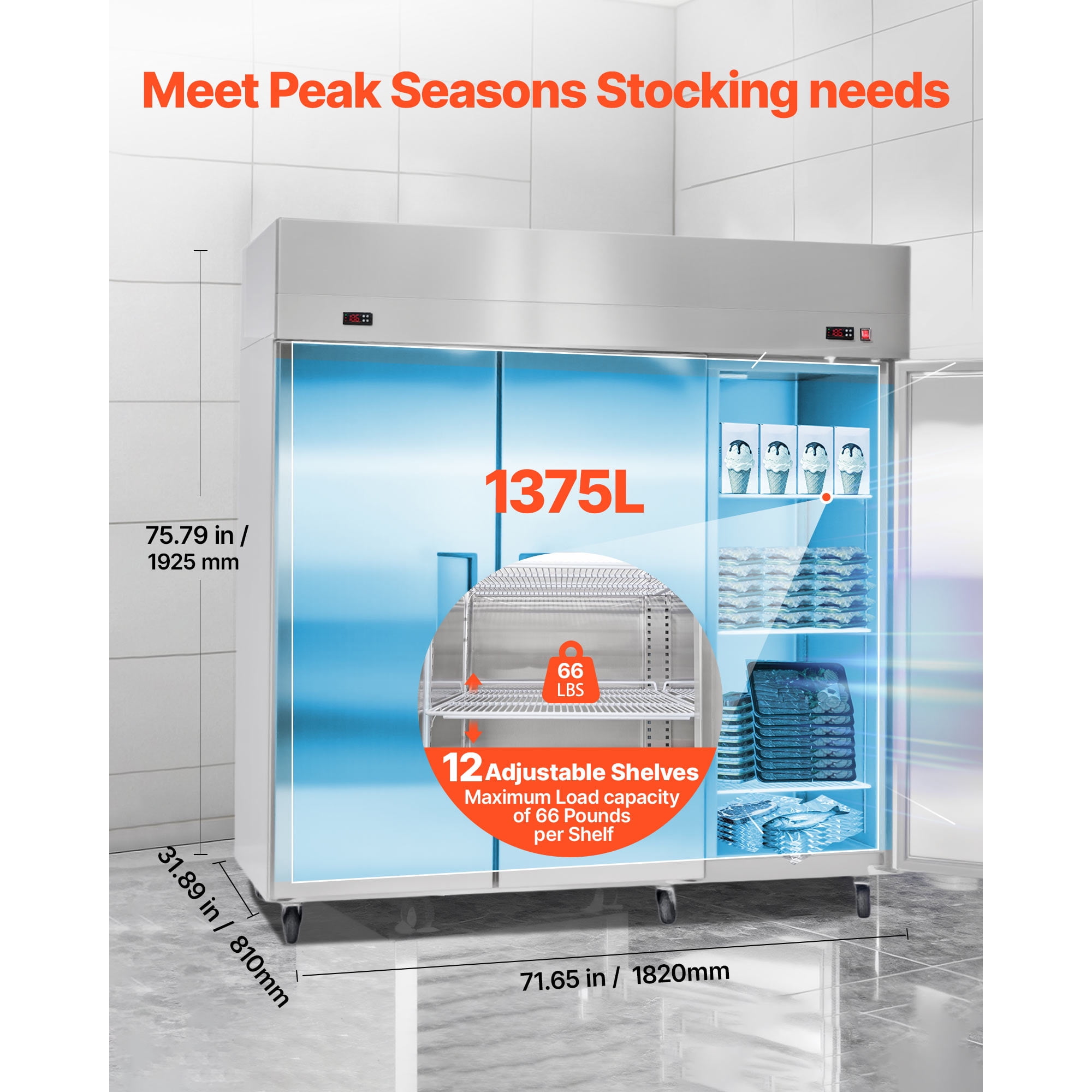 KFFKFF Commercial Refrigerator and Freezer Combo 72"W, 51 Cu.Ft Stainless Steel Upright Unit with Three Doors, Auto-Defrost, 9 Adjustable Shelves, UL Certified
