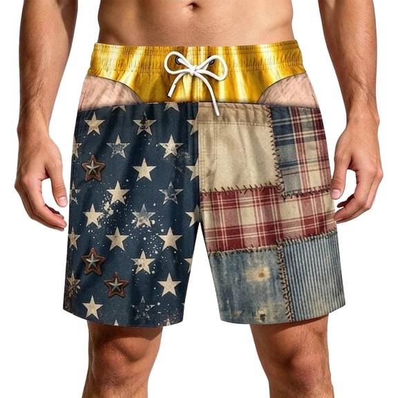 Cheeky Trunks Funny Patriotic Men Swim Trunks - American Flag & Leopard Print Waistband USA Board Shorts for Novelty Summer Swimwear