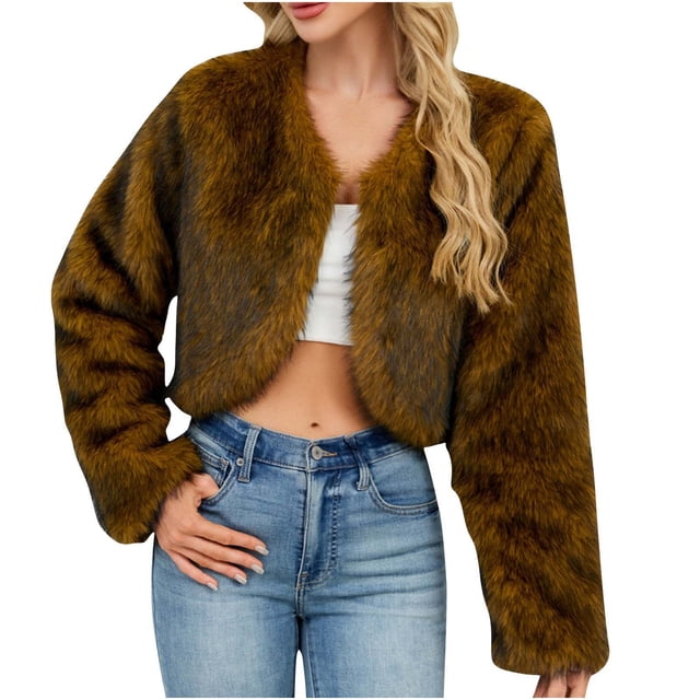 Jackets for Women Warm Faux Furry Short V Neck Solid Winter Outerwear