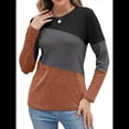thumbnail image 3 of Blusas de Bloque de Color para Mujer, Estilo Túnica Informal de Larga con Cuello Redondo, Tipo Jersey. Negro Marrón S, 3 of 8