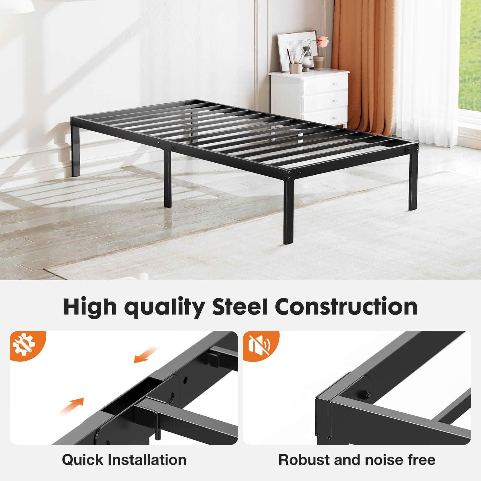 MAYEERTY 12 Inch Heavy‑Duty Metal Bed Frame with Steel Slats, Sturdy Bed Base No Box Spring Required, 300Lbs Weight Capacity for Multi‑Scenario Use