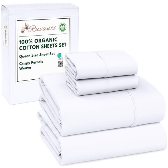 RUVANTI 100% Organic Cotton Sheets - Queen Sheet Set - 4 Piece Percale Weave Bedding, Crisp, Cooling & Breathable, Soft & Durable, 16" Deep Pocket, Hotel Quality Sábanas - Bright White