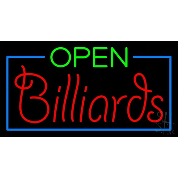 Open Billiards LED Neon Sign 13" Tall x 24" Wide - inches Black Square Cut Acrylic Backing, with Dimmer - Premium built indoor Sign for Storefront, Store interior, Bar, Game zone, Clubs.