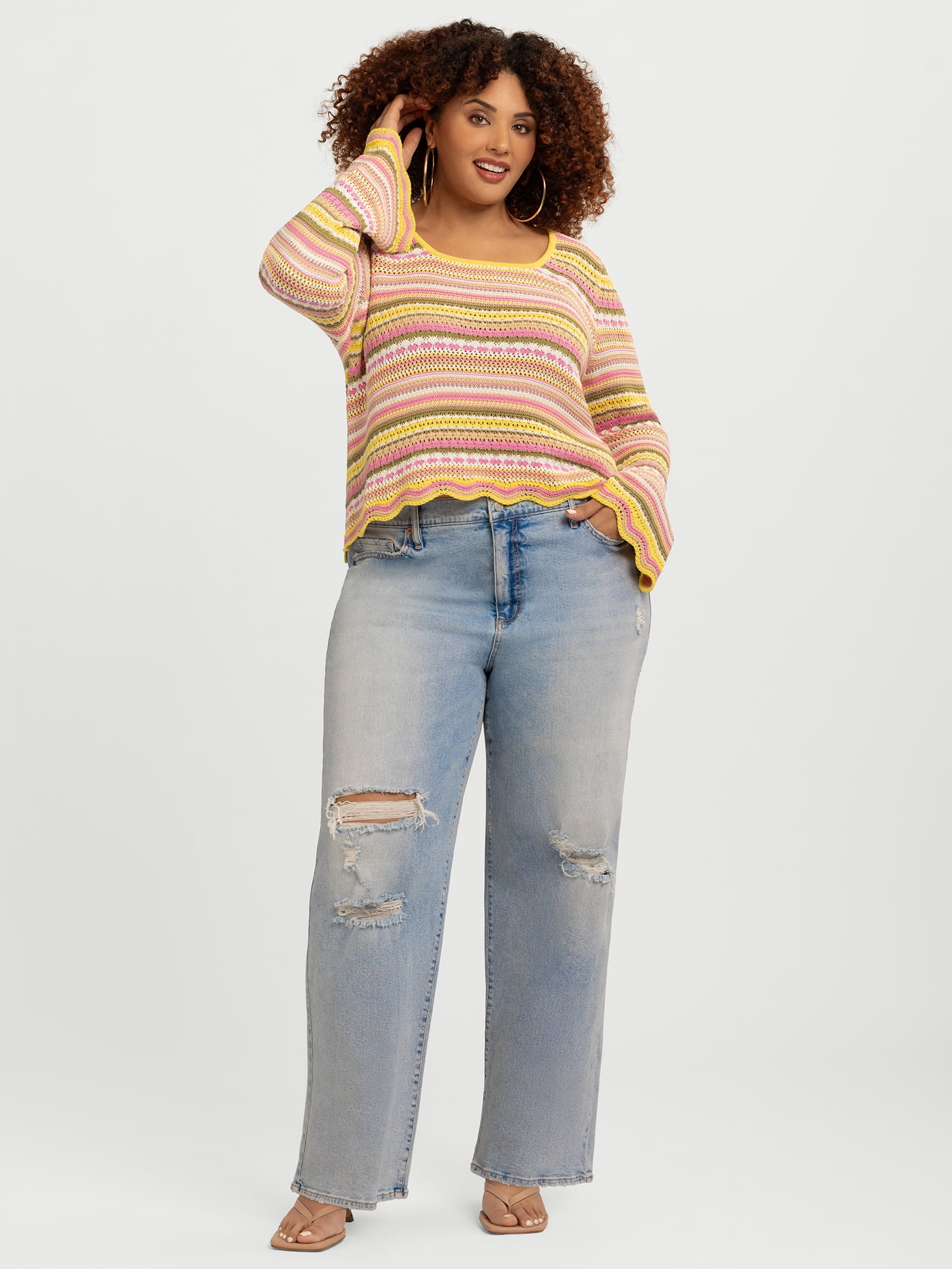 Jessica Simpson Women's Lilianna Cotton Pointelle Sweater with Long Sleeves, Lightweight, Sizes XS-X4