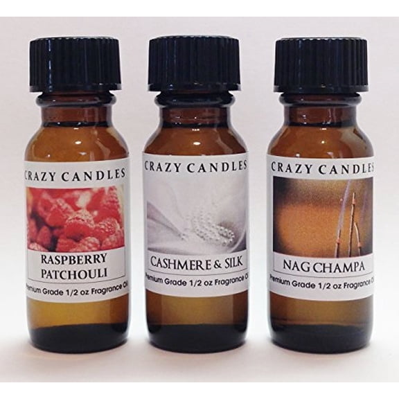 3 Bottles Set, 1 Raspberry Patchouli, 1 Cashmere and Silk, 1 Nag Champa 1/2 Fl Oz Each 15ml Premium Grade Scented Fragrance Oils