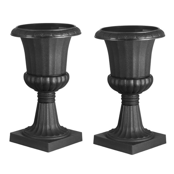 KFFKFF Set of 2 Black Plastic Urn Planters, 9.8 x 16.5 Inches, Classic Flower Pots for Indoor & Outdoor Use, Ideal for Weddings, Events, Home, Garden, Balcony, Patio, and Porch Decoration