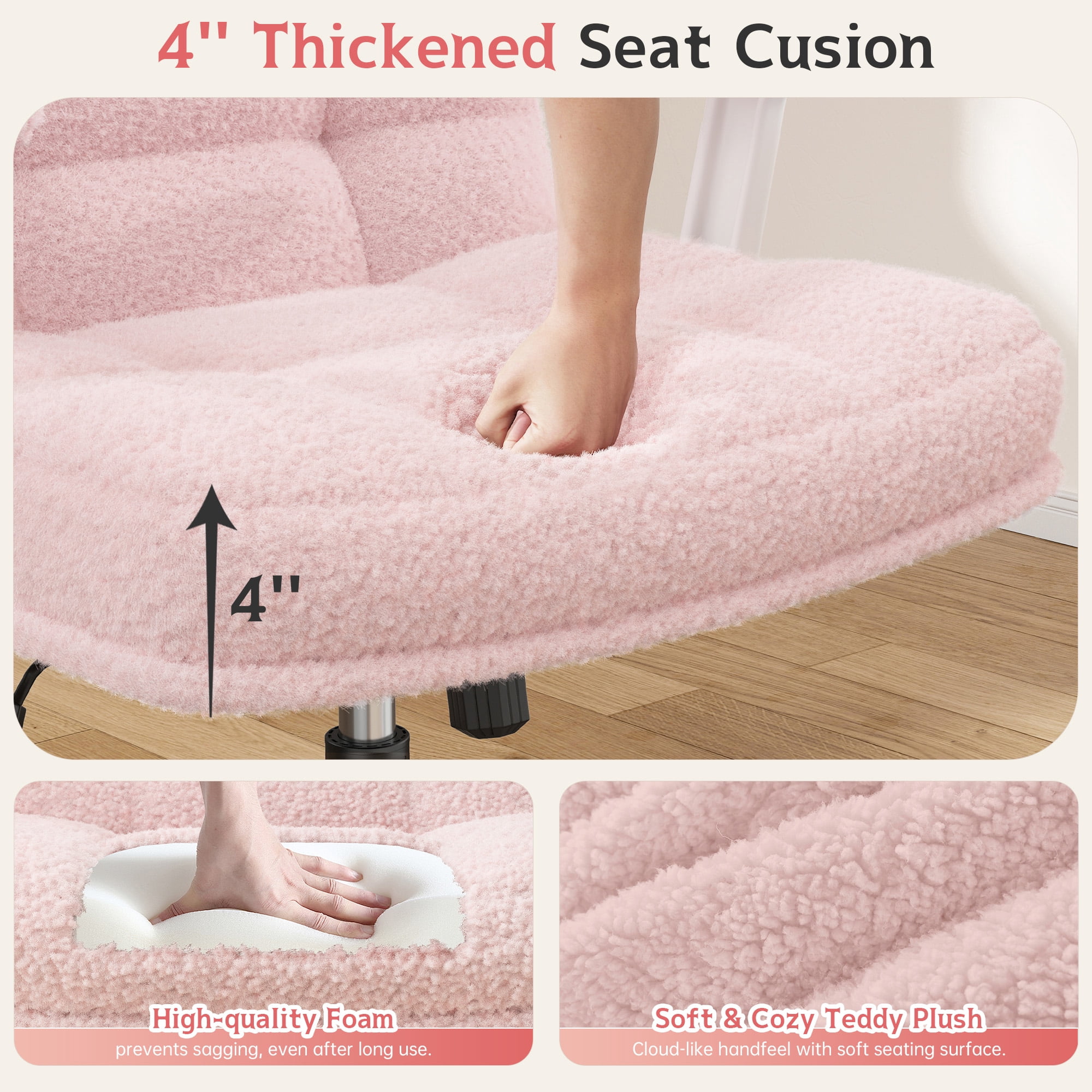 Romorgniz Criss Cross Chair with Flip-up Arms & Wheels Desk Chair with Adjustable Height & Teddy Plush Fabric for Bedroom, Home Office Desk, Vanity, Light Pink