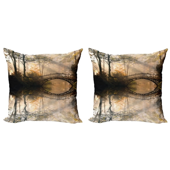 Ambesonne Landscape Throw Pillow Cover 2 Pack, Bridge River Forest, 20", Multicolor