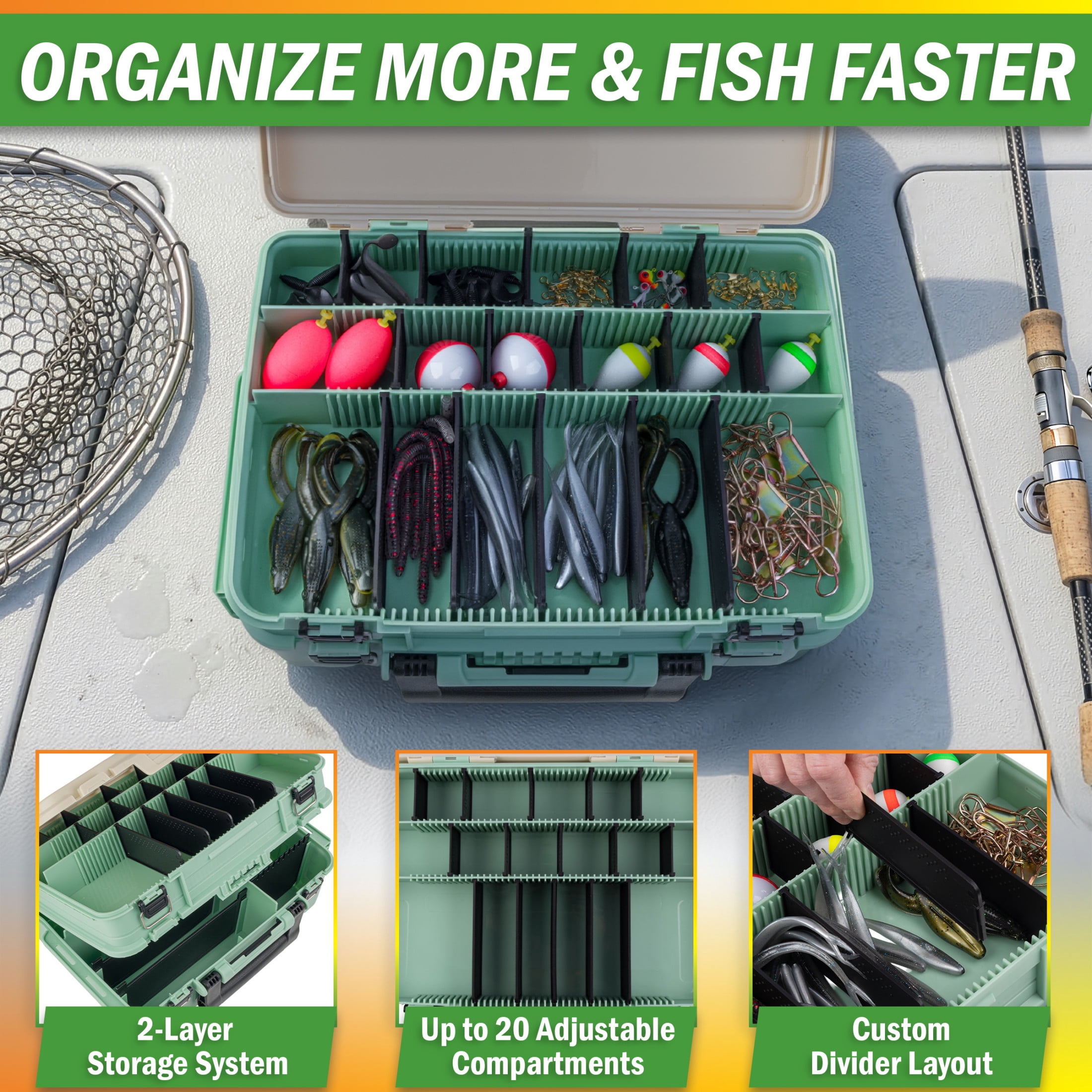 Wakeman Outdoors Fishing Tackle Box Organizer - 2 Layer Tacklebox Storage Box with Dividers, Green