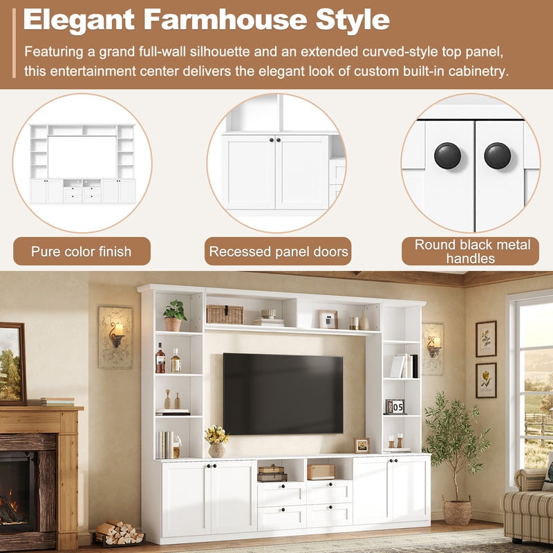 Farmhouse Entertainment Center Wall Unit with Drawers & Adjustable Shelves, TV Stand Media Console with Bridge for TVs Up to 70"