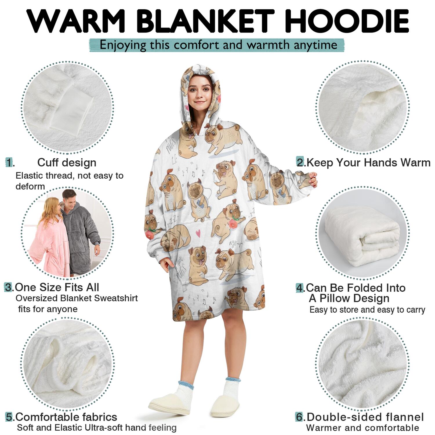 Wearable Oversized Blanket,Cartoon Pug and Heart Wearable Blanket Hoodie for Adults,Cozy Hooded Blankets with Super Pockets,Super Warm Fuzzy Pullover for Women & Men
