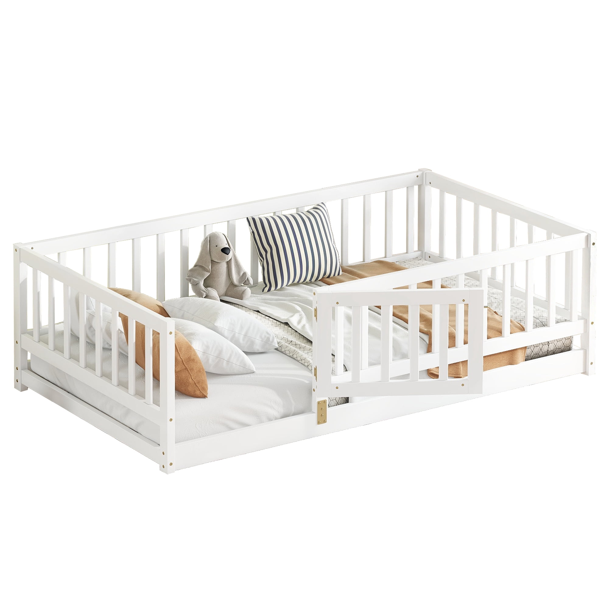 Montessori Floor Bed, Kids Bed Frame, Low Profile Toddler Bed with Removable Slats and Safety Door, Wood Bed Frame for Kids Boys Girls, Twin White
