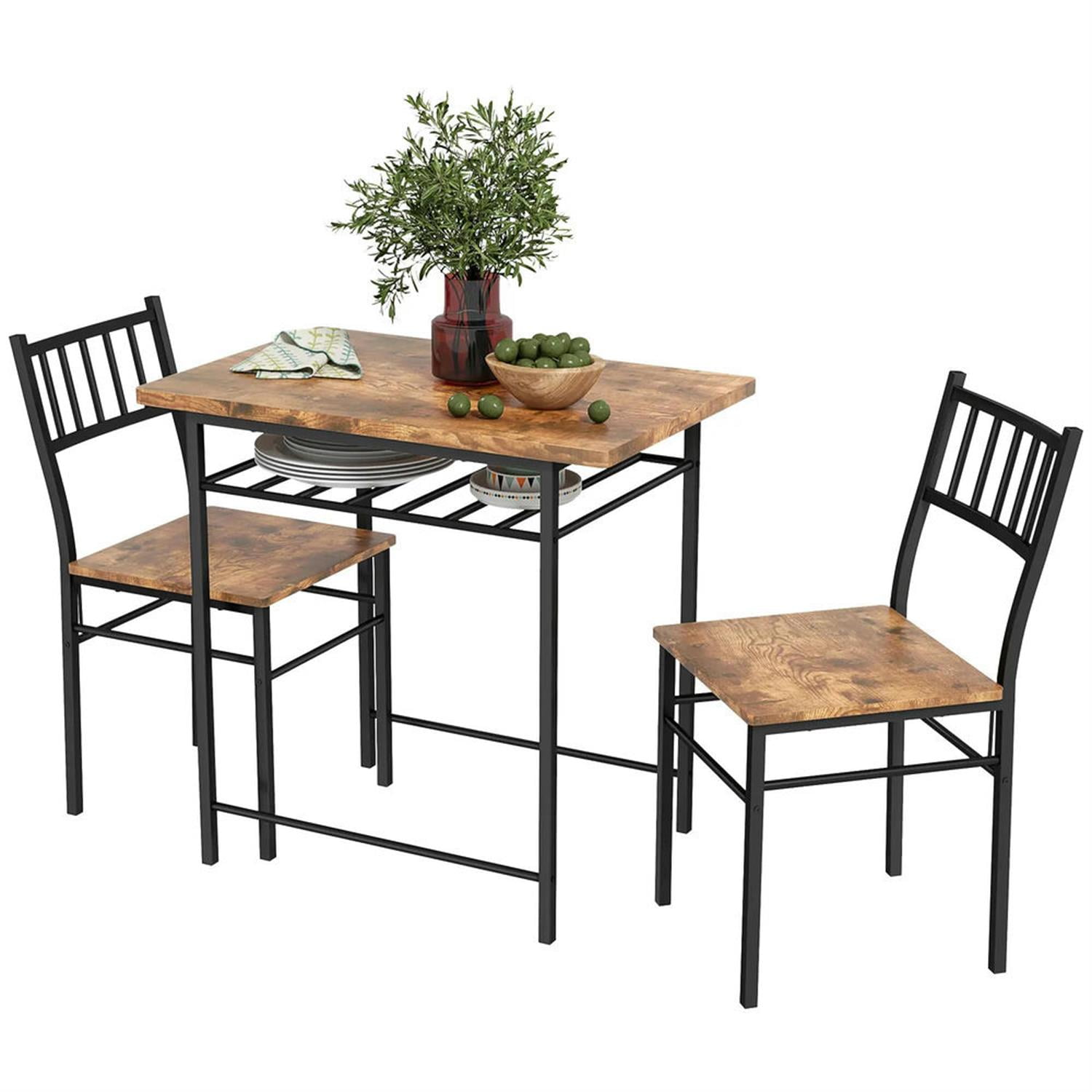 Demi Bonn 3 Piece Dining Table Set for Small Spaces with Storage Rack and Steel Frame, Kitchen Table and Chairs for 2 Dining Room Set with 2 Chairs, Brown