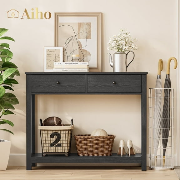 Aiho Console Table 39" With Drawers, Wood Entryway Table Hallway Table with Open Storage, Sofa Table for Living Room, Foyer and Corridor - Black