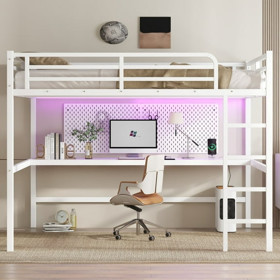 Queen Size Metal Loft Bed with Desk, Sturdy Noise-Free High Loft Bed with Power Outlet and LED Lighted, Safety Guardrails, pace-Saving Loft Bedframe for Adults, Teens, White