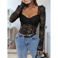 thumbnail image 6 of Women'S Sheer Floral Lace Long Sleeve Bodysuit Top Sweetheart Neck Bodysuit Black L, 6 of 8