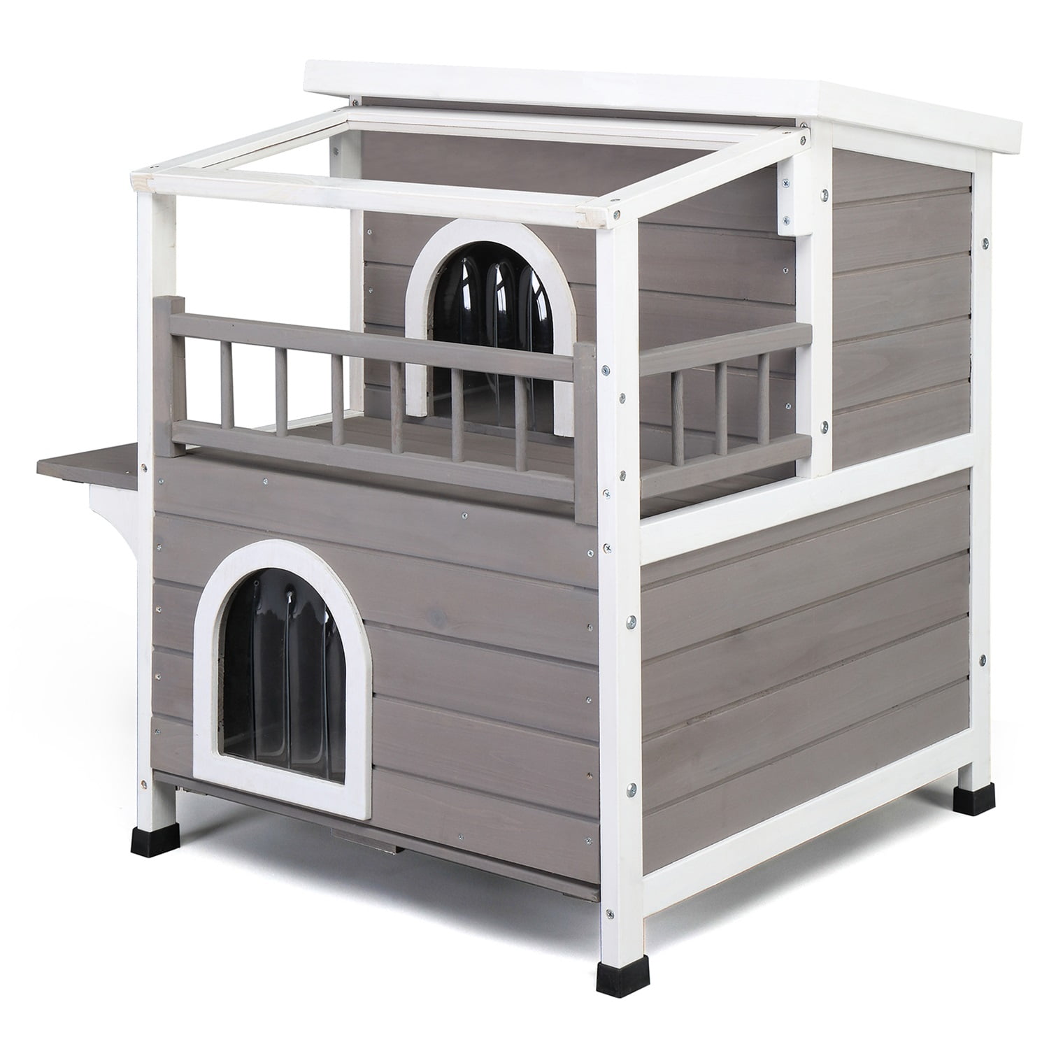 Pefilos 30" Wooden Cat House 2-Story Indoor Outdoor Luxurious Cat Shelter with Transparent Canopy, Double Escape Door Pet House, Gray Pefilos 30" Wooden Cat House 2-Story Indoor Outdoor Luxurious Cat Shelter with Transparent Canopy, Double Escape Door Pet House, Gray