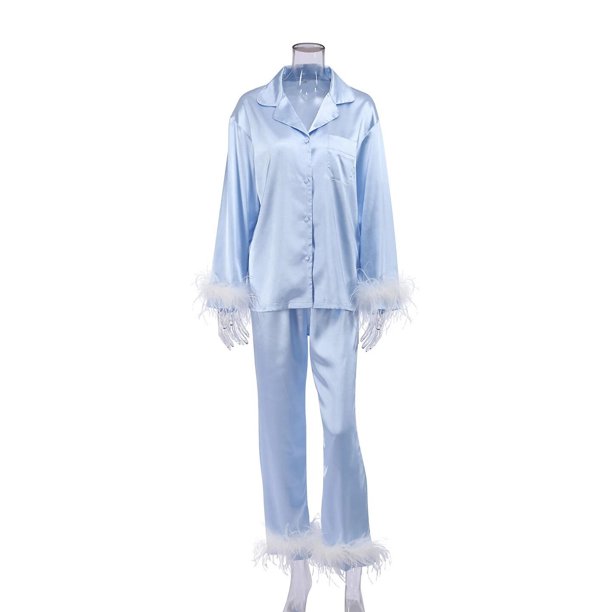 Conjunto de pijama de satén para mujer, ropa de dormir de un solo pecho con cuello vuelto, con plumas, Color liso