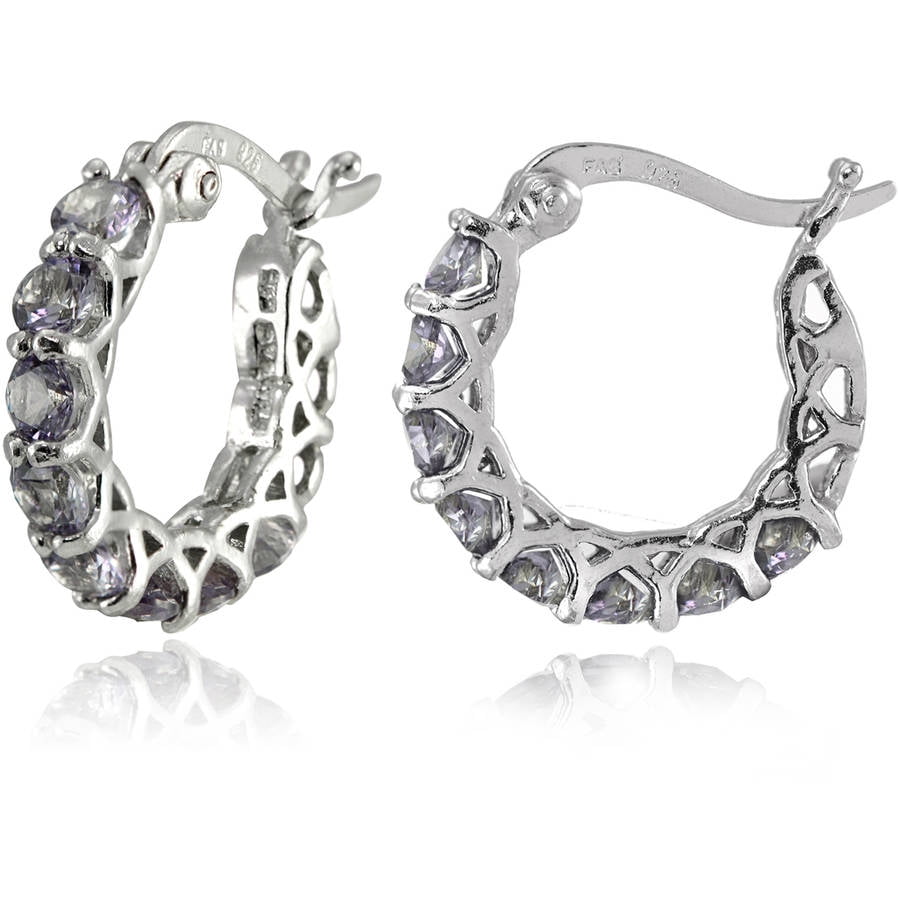Created or Simulated Gemstones Sterling Silver Round Hoop Earrings with Dangling Genuine