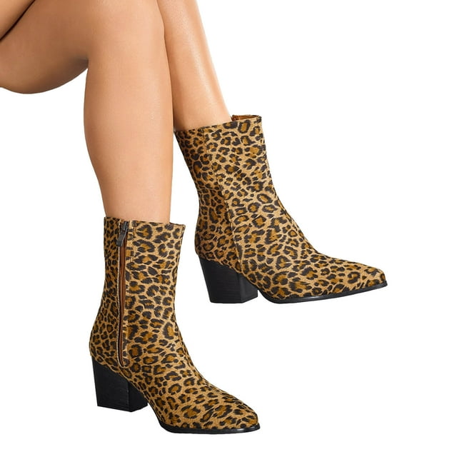 Bottes Mi-Mollet Léopard pour Femmes Tendance en Suède à Bout Pointu à Talon Moyen Empilé Bottes Courtes d'Hiver Automne pour Robe