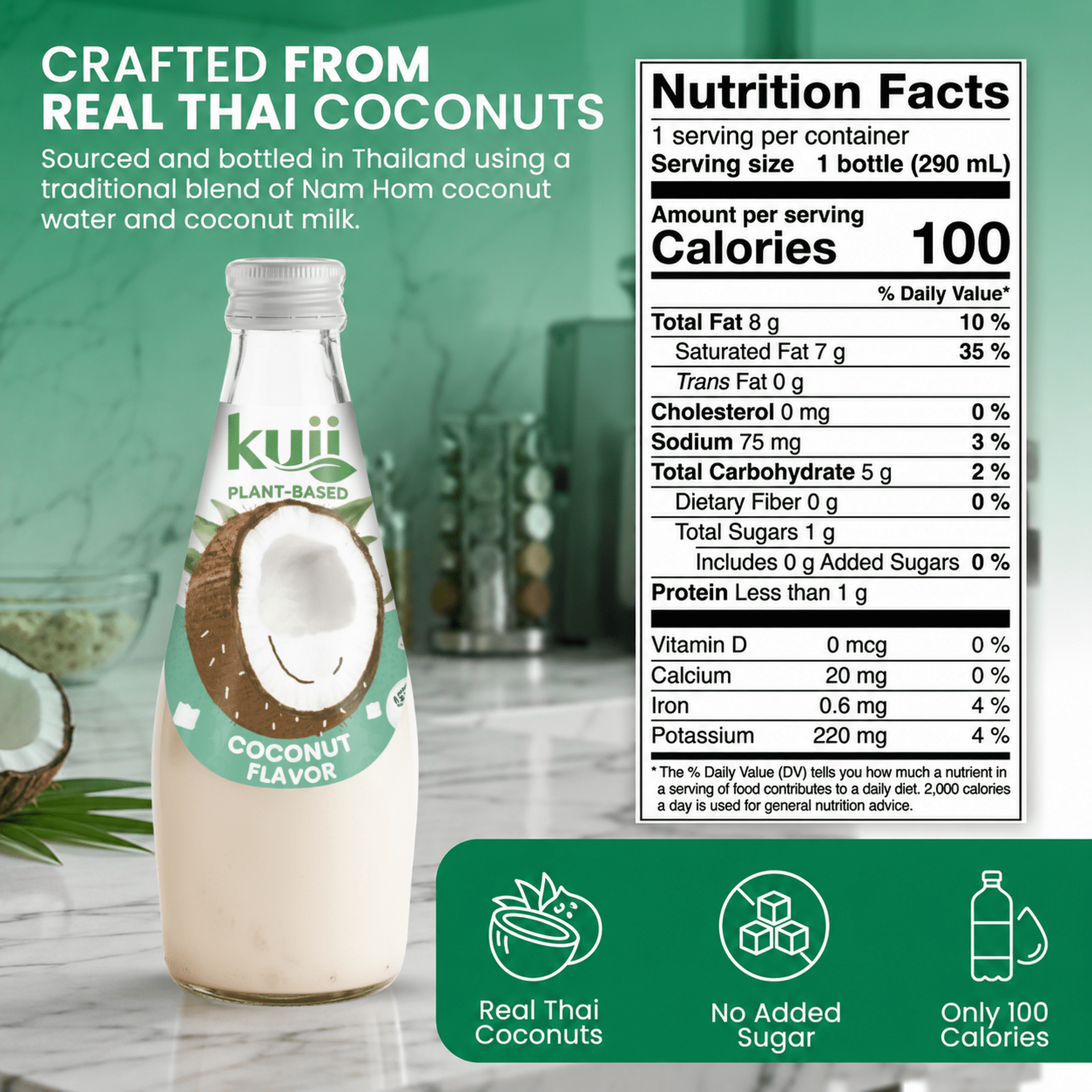 Kuii Drinks Coconut Milk with Nata de Coco, Original - No Sugar Added, 290 mL Single Glass Bottle