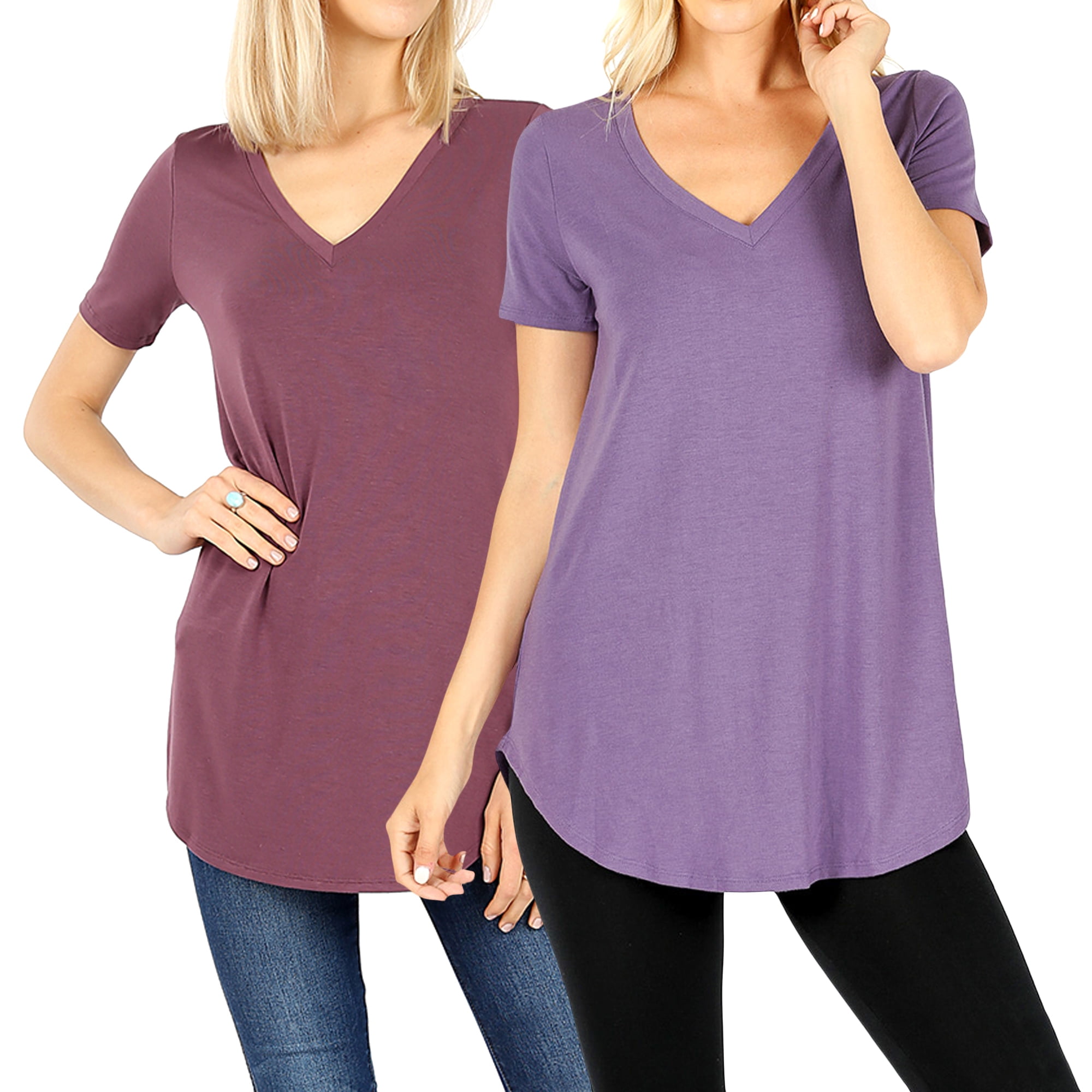 Zenana Women Short Sleeve V Neck Round Hem Relaxed Fit Casual Tee