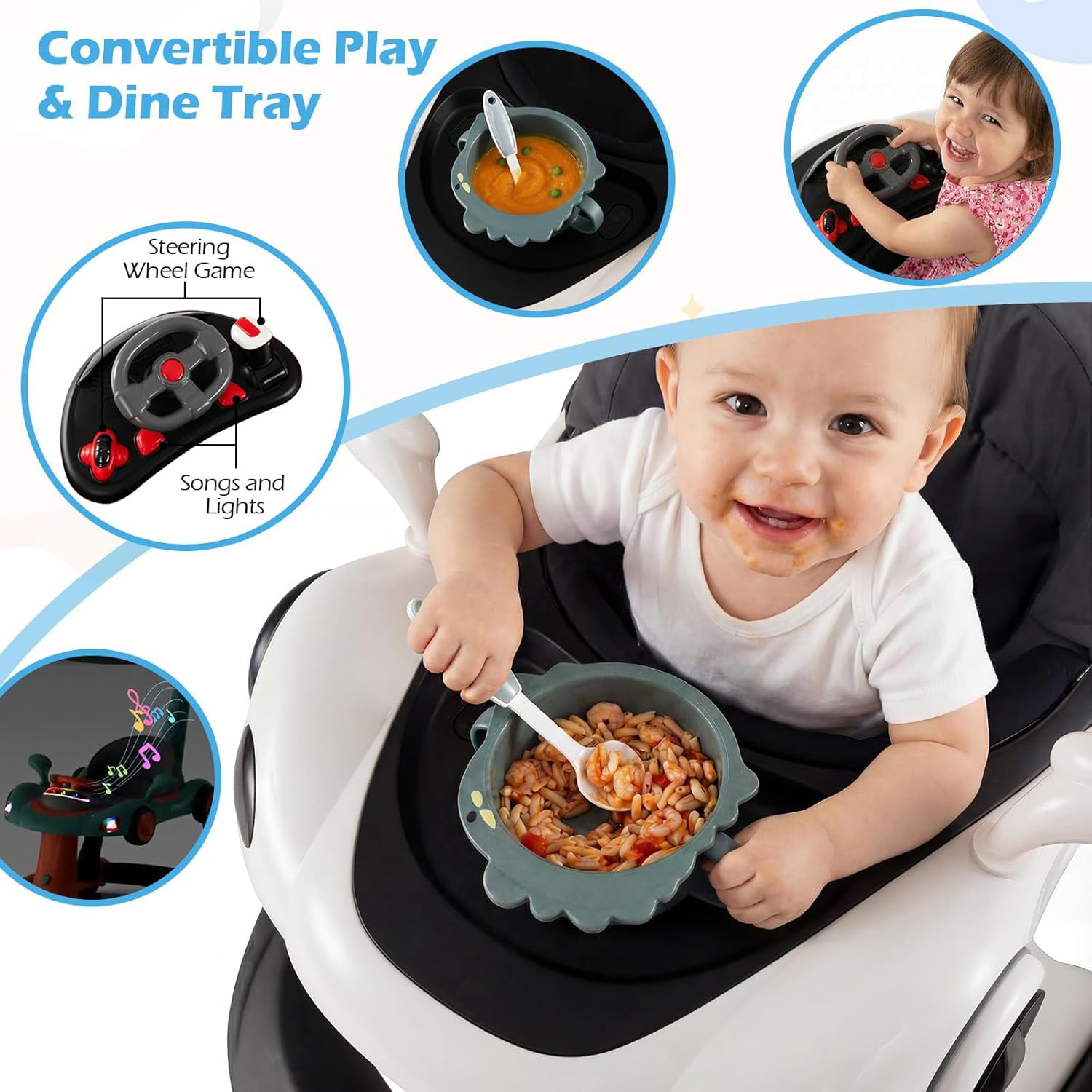 INFANS 6-in-1 Baby Walker, Converts Push Car to Bouncer, Rocker with Music, Lights, Adjustable Height & Speed, Activity Center, Canopy for 7-18 Months