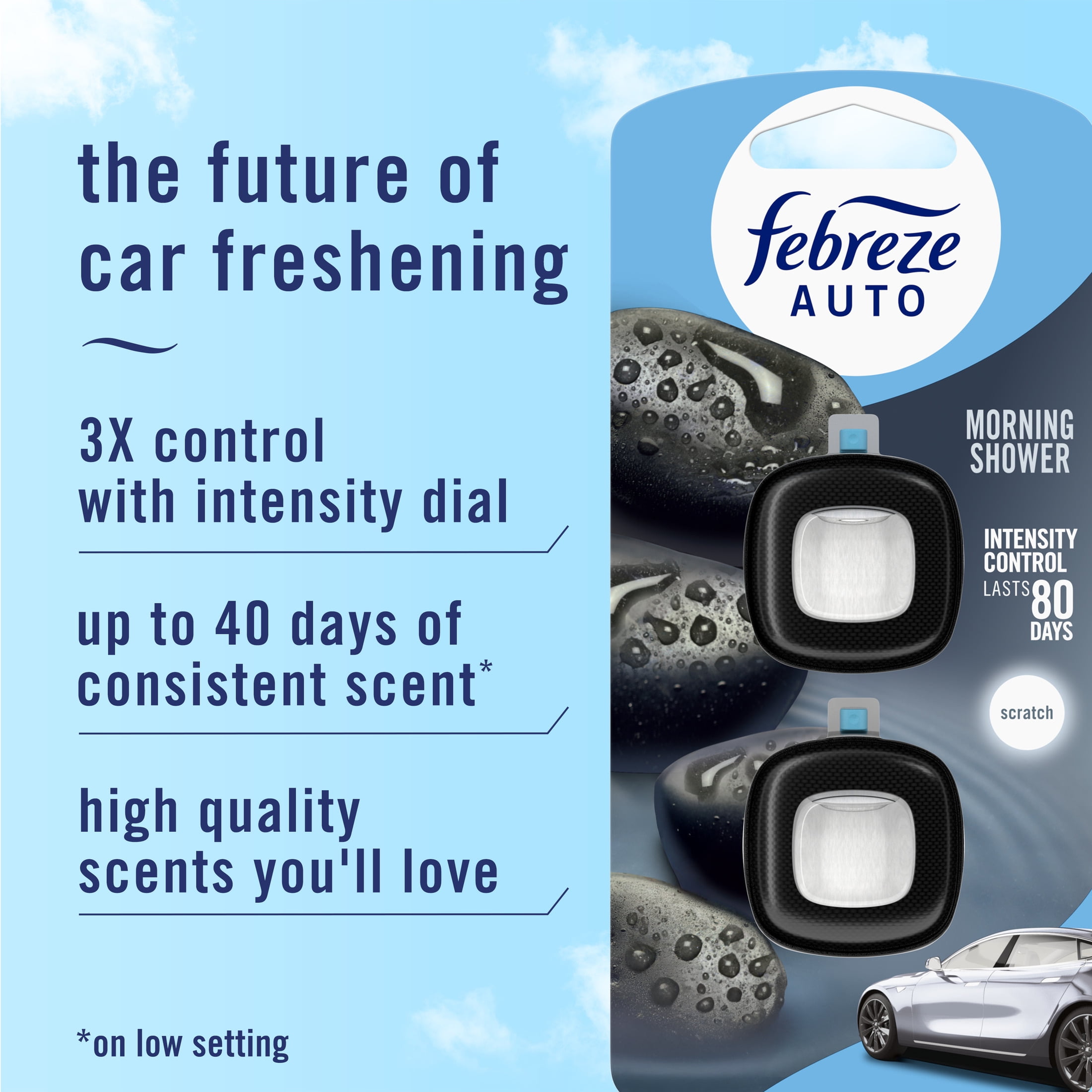 Febreze AUTO Car Air Freshener, Odor-Fighting Car Vent Clip, Morning Shower, 2 Count