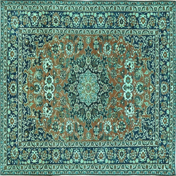 Ahgly Company Machine Washable Indoor Square Medallion Turquoise Blue Traditional Area Rugs, 4' Square