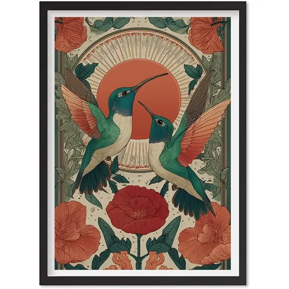 Scandinavian Hummingbird Folk Art Print: Nature Wall Decor, Printable Wall Art, Matte Canvas Stretched, Posters for Room Bedroom Living Room Bathroom Wall Decor, Posters & Art Prints, Gift.