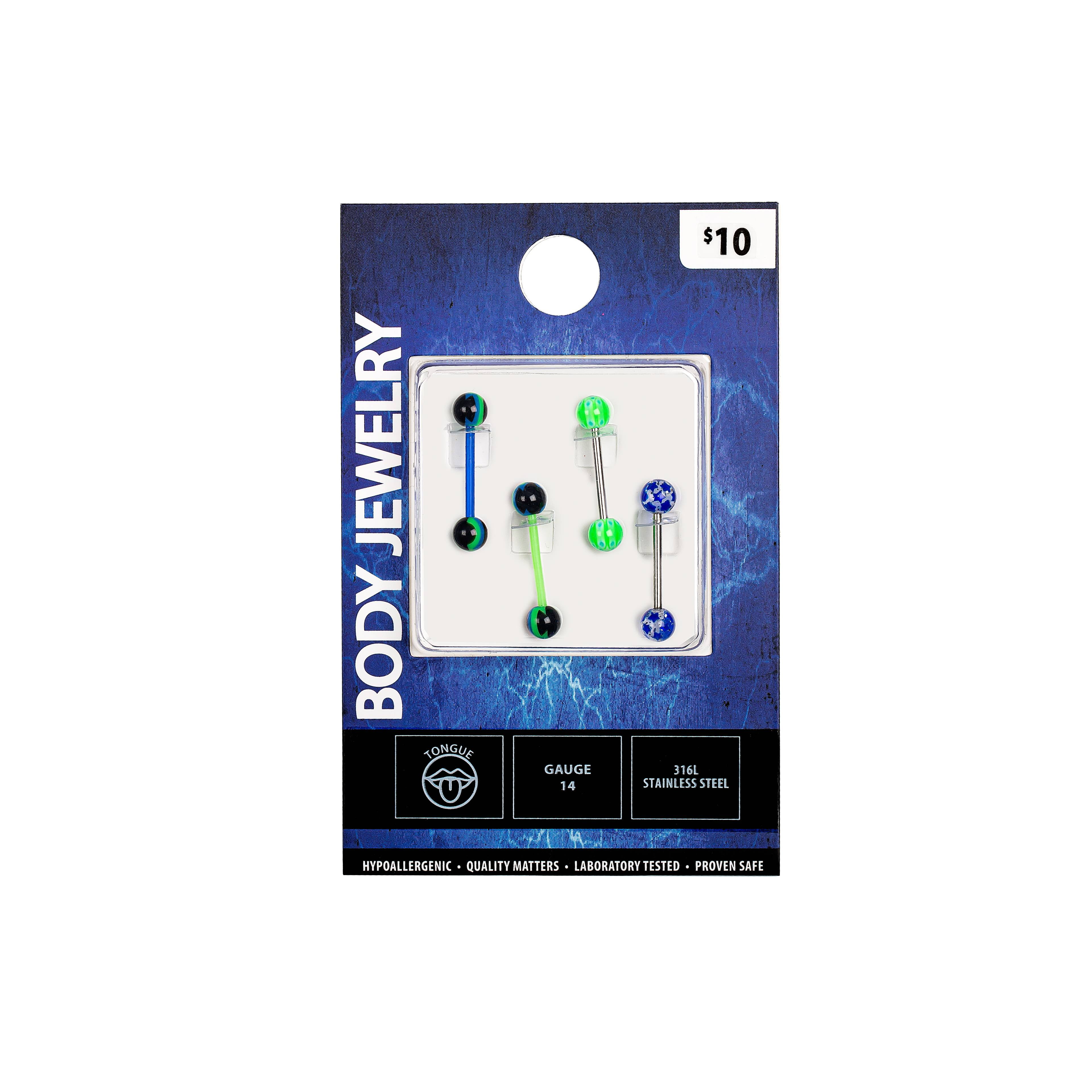 Body Jewelry Sterling Silver 14G Assorted Green & Blue Barbell Belly Rings, 4 Pack