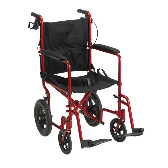 Drive Medical Lightweight Expedition Transport Wheelchair with Hand Brakes, 19" Seat Red