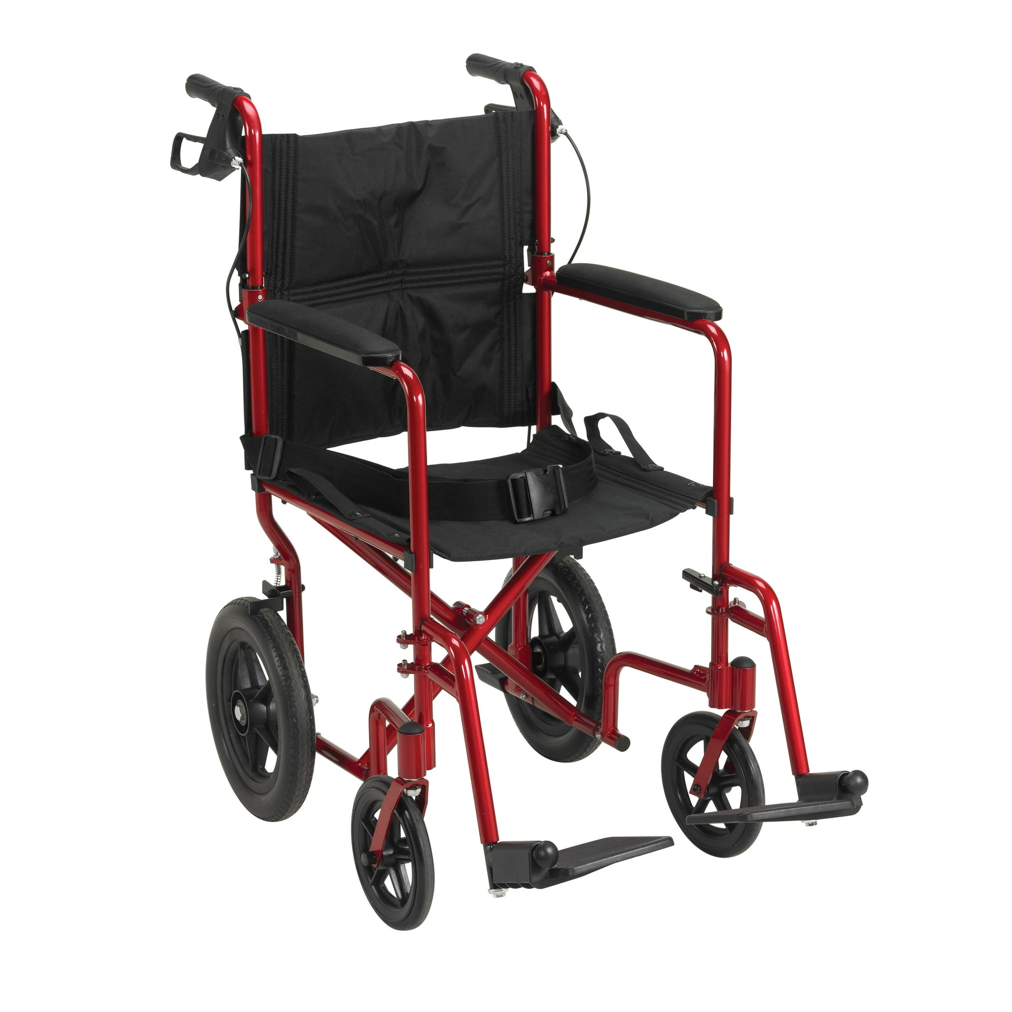 Drive Medical Lightweight Expedition Transport Wheelchair with Hand Brakes, 19" Seat Red