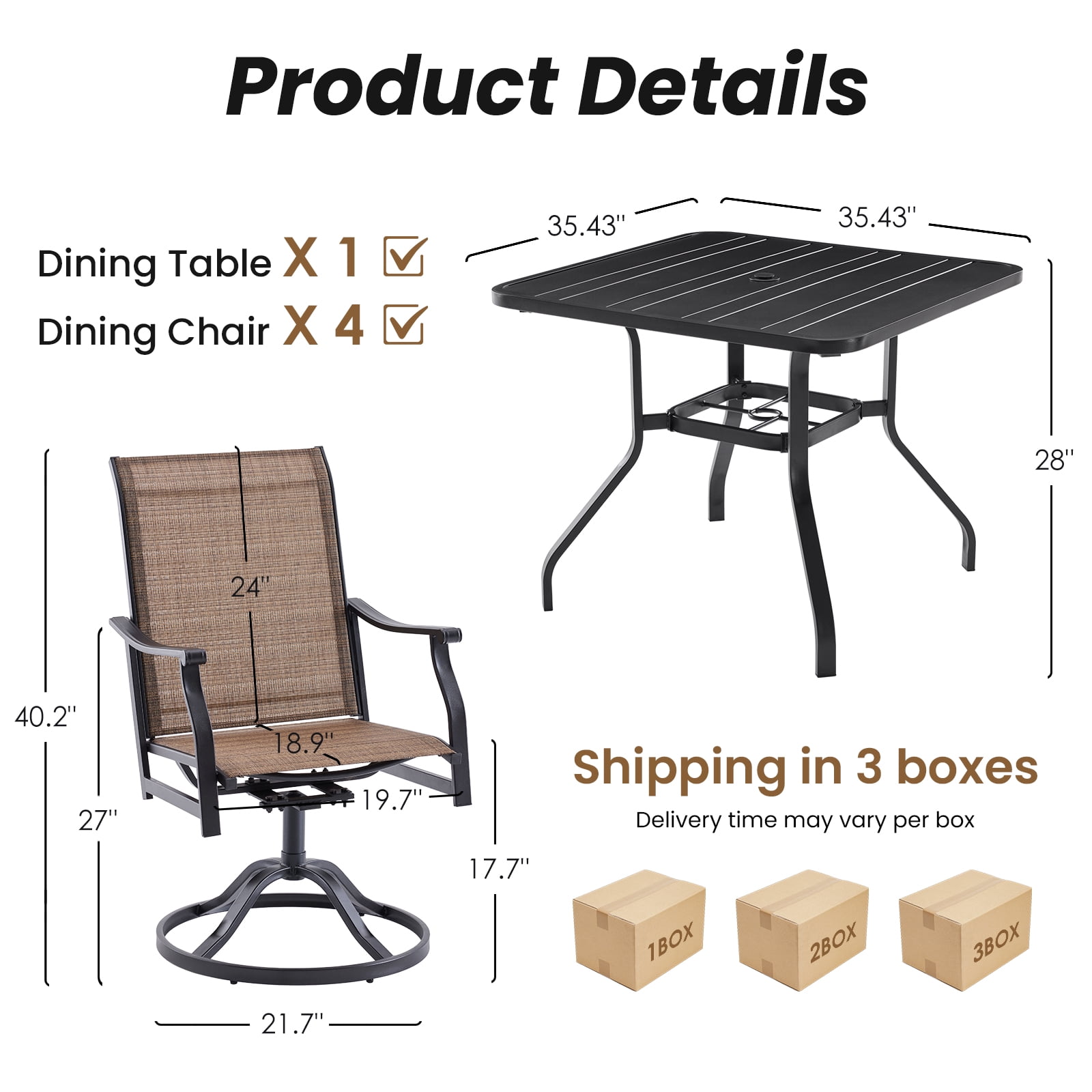 STARY 5 Pieces Outdoor Dining Set with 1.57" Umbrella Hole, Patio Swivel Dining Textilene Chairs and 35"x35" Iron Square Table for 4 People, Backyard