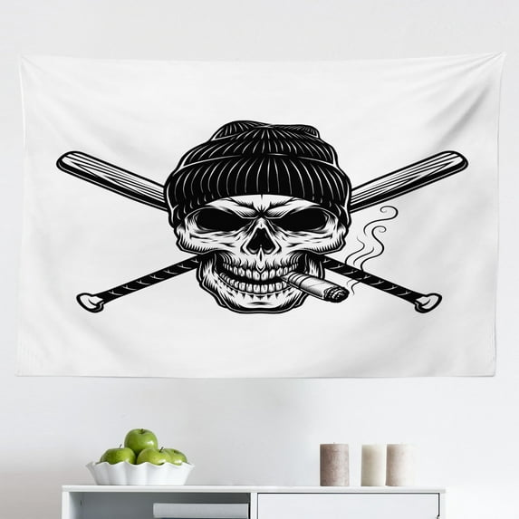 Skull Smoking Tapestry, X-ray Like Image of Skeleton and Killing Cigarettes Art Print, Fabric Wall Hanging Decor for Bedroom Living Room Dorm, 2 Sizes, Pale Blue Charcoal Grey, by Ambesonne
