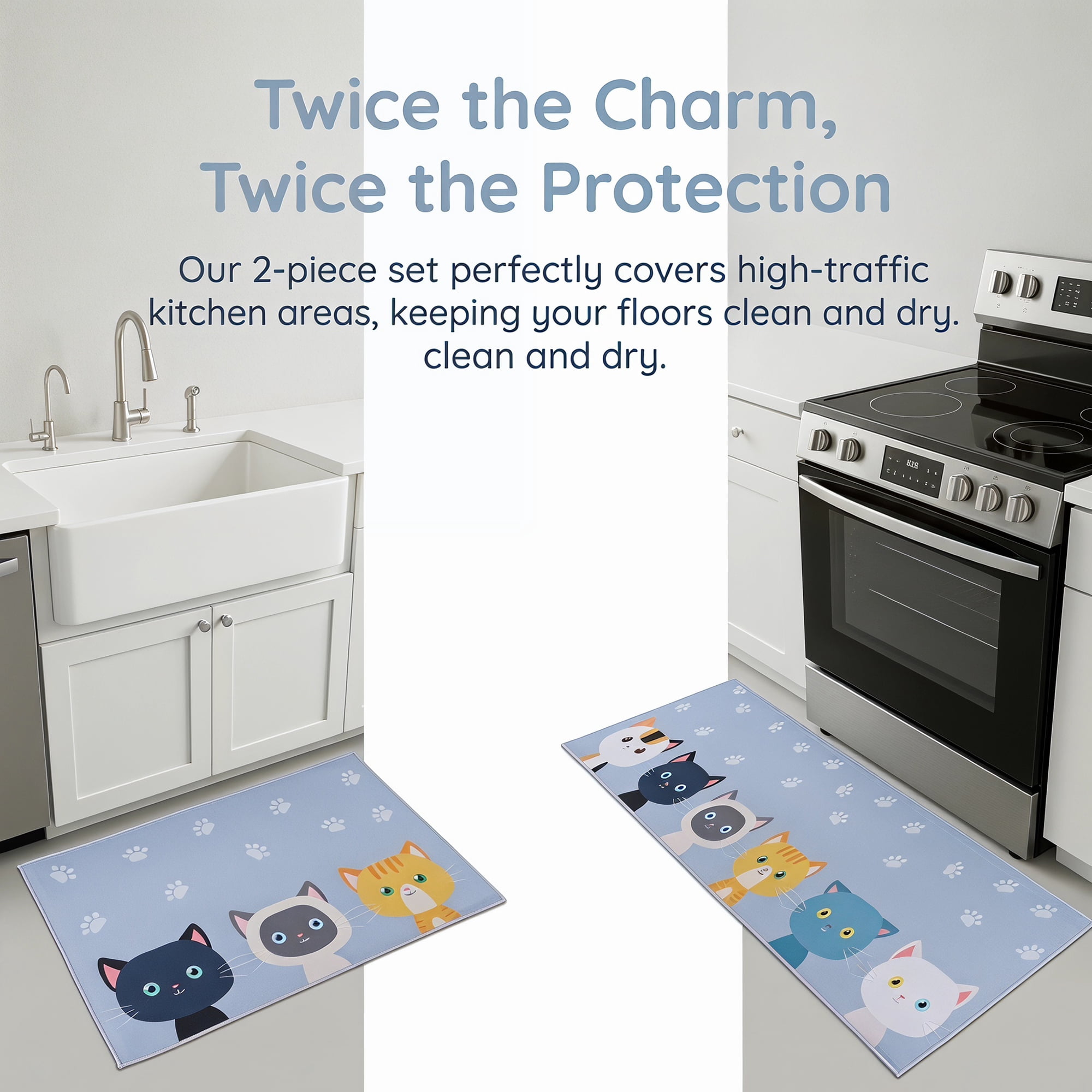 Unique Bargains Non Slip Cat Floral Printed Kitchen Rugs and Mats Blue 31"x20"+47"x20"