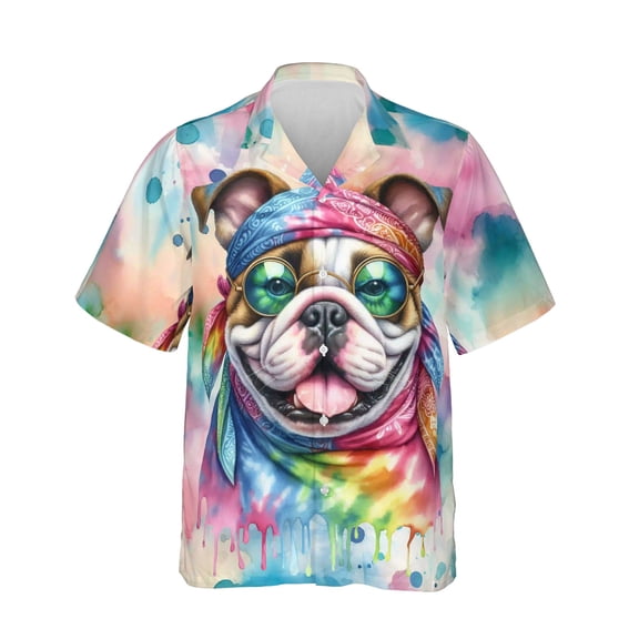 Hippie Bulldog Portrait Watercolor Tie-Dye Vintage Styles Hawaiian Shirt Breathable Summer Unisex Merch Dog Lover Gifts Idea - 00014