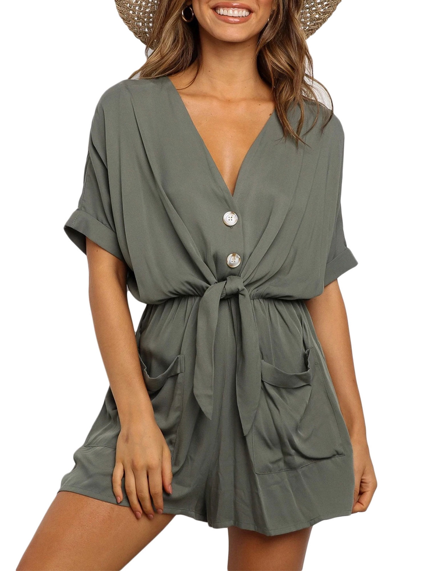 Forthery Women’s Summer V Neck Short Sleeve Button Front Self Tie Pocket Rompers Jumpsuit with Belt 
