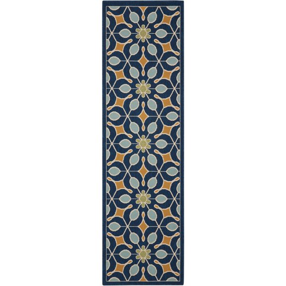 Nourison Caribbean Indoor/Outdoor Retro Floral Navy 2'3" x 7'6" Area Rug, (8' Runner)