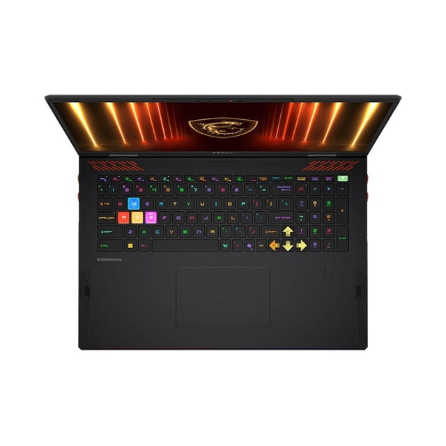 laptop gamer msi raider a18 hx a9wig-082us 18" qhd+, amd ryzen 9, 64gb ram, 2tb ssd, nvidia geforce rtx, windows 11 pro, core black Nuevo sellado — vista frontal abierta de la MSI Raider A18 en Core Black con pantalla QHD+ de 18" y biseles delgados, teclado completo RGB con teclas WASD y flechas resaltadas, trackpad centrado y rejillas de ventilación visibles; ideal para gaming competitivo y creación de contenido.