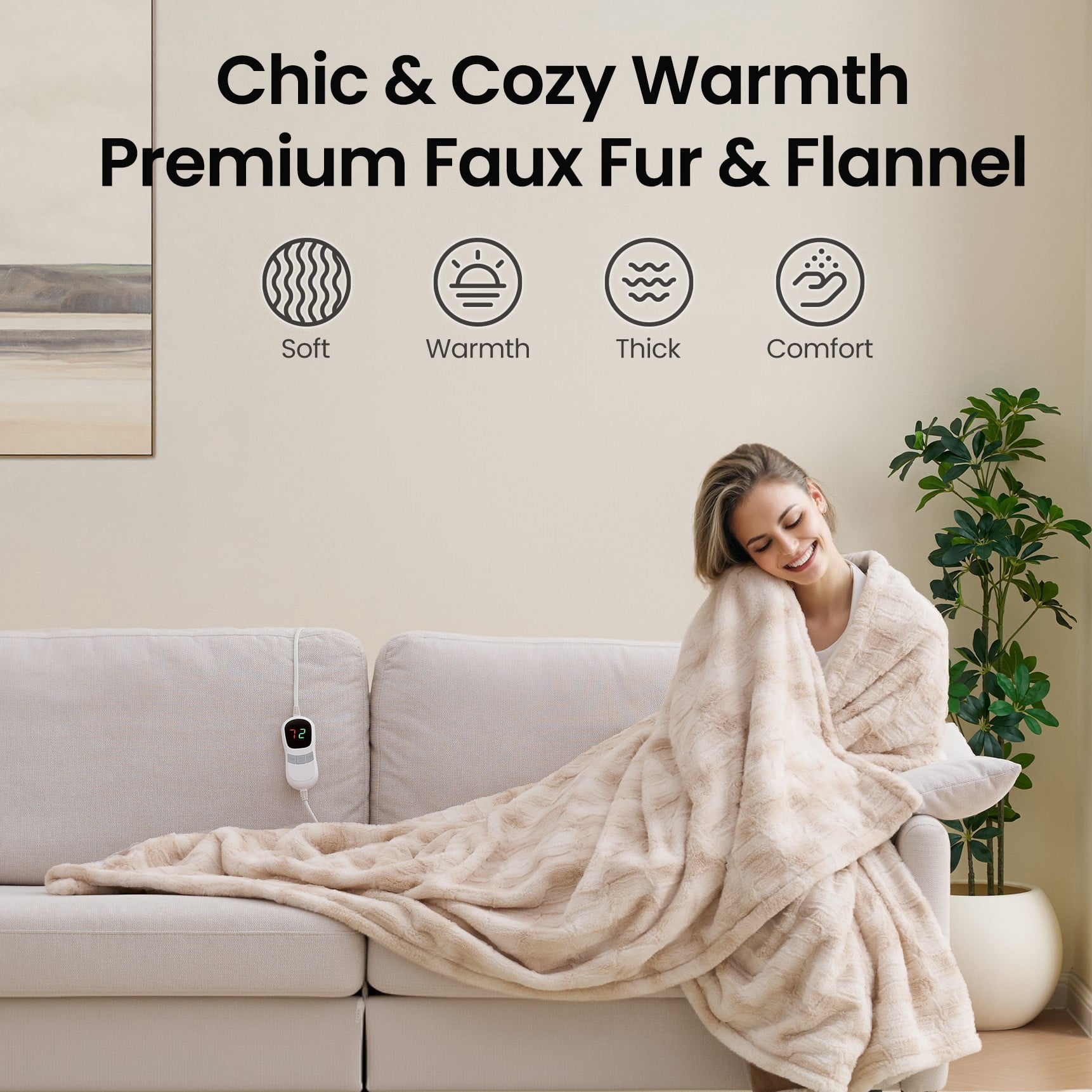 MARNUR Heated Blanket Electric Throw Extra Large Size 50"x72", Soft Faux Fur Heated Throw with 10 Heating Levels 4 Hours Timer Machine Washable, Khaki