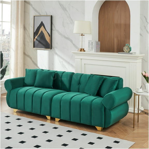 JERFIT 3-Seater Velvet Sofa Couch for Living Room, Modern Upholstered Fabric Sofa with 4 Decorative Throw Pillows, Channel Tufted Back, Gold Metal Legs, Emerald Green