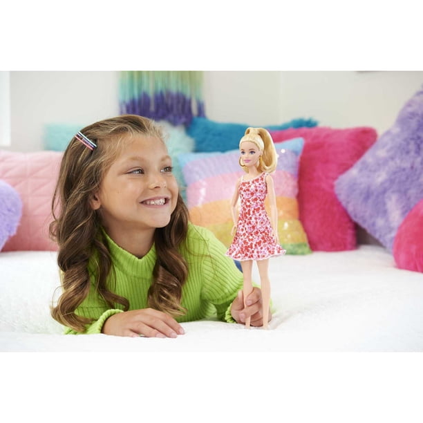 barbie fashionista white dress red flowers Barbie Fashion Avenue Pretty Red Floral White Party Dress with Purple Shoes  