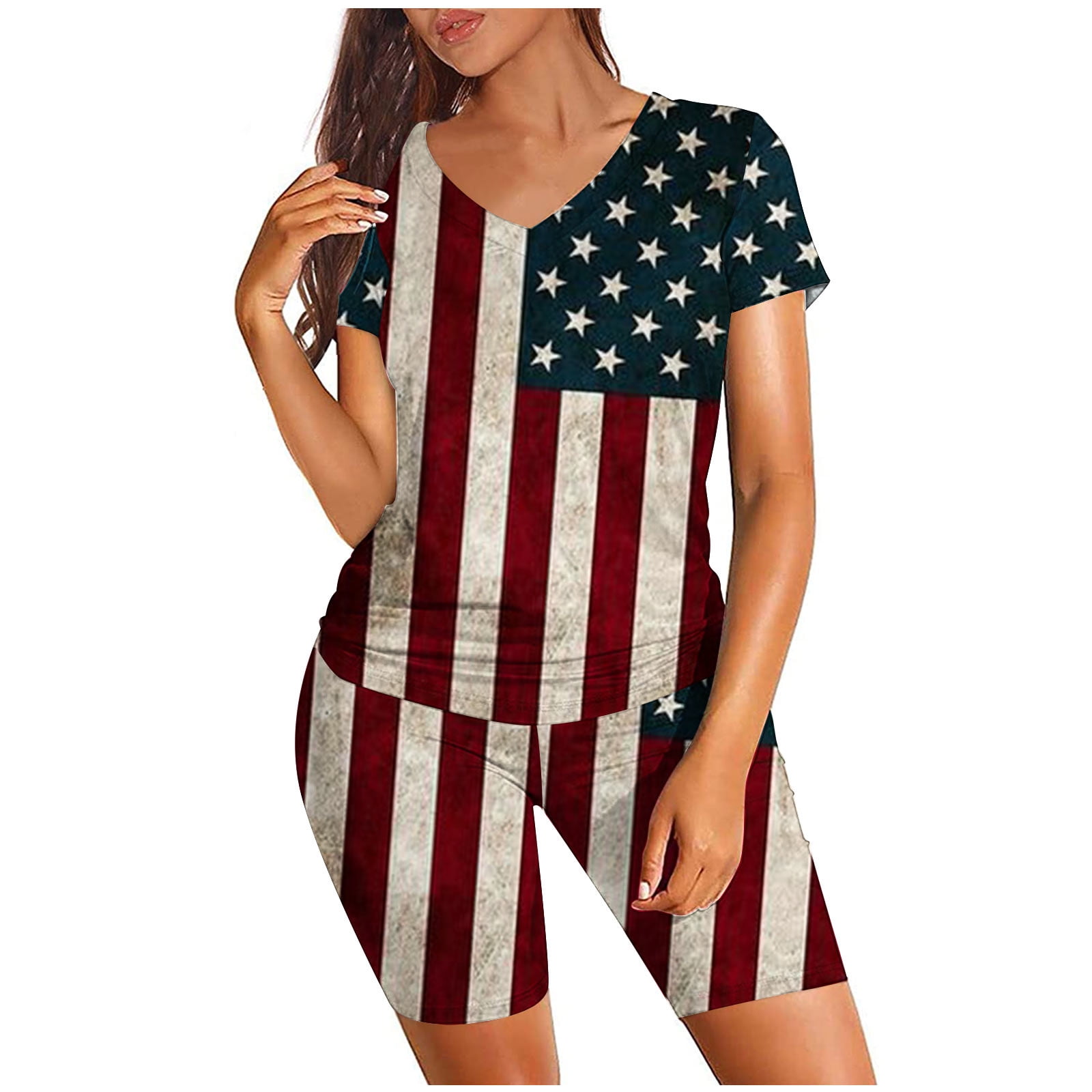 REORIAFEE Women's USA Flag Print Two Piece Set Spring Blouse Shorts ...