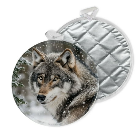 

2 PCS Pot Holders for Kitchen Potholders Sets with Hook for Oven Cooking Baking Grey Wolf With Pine Tree